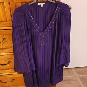Purple Pleated V-Neck Blouse